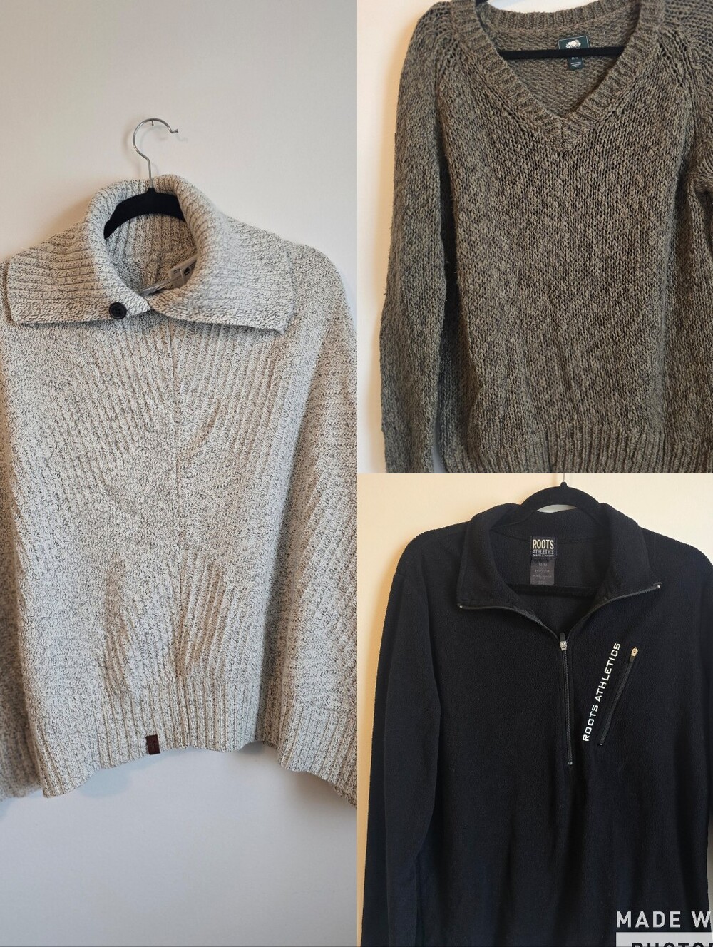 Roots Bundle - Knit Poncho (NWT), Green Knit Sweater, Half-Zip Fleece